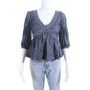 Piamita Women's Short Sleeve V Neck Open Back Peplum Blouse Blue Size XS